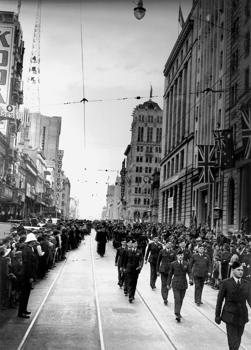 RAAF recruits marching through Queens Street Brisbane, August 1940