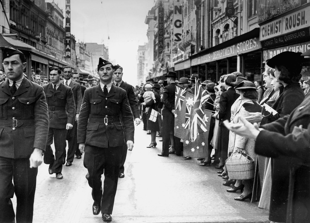 RAAF recruits marching through Queen Street, Brisbane, prior to departure for the south, 1940