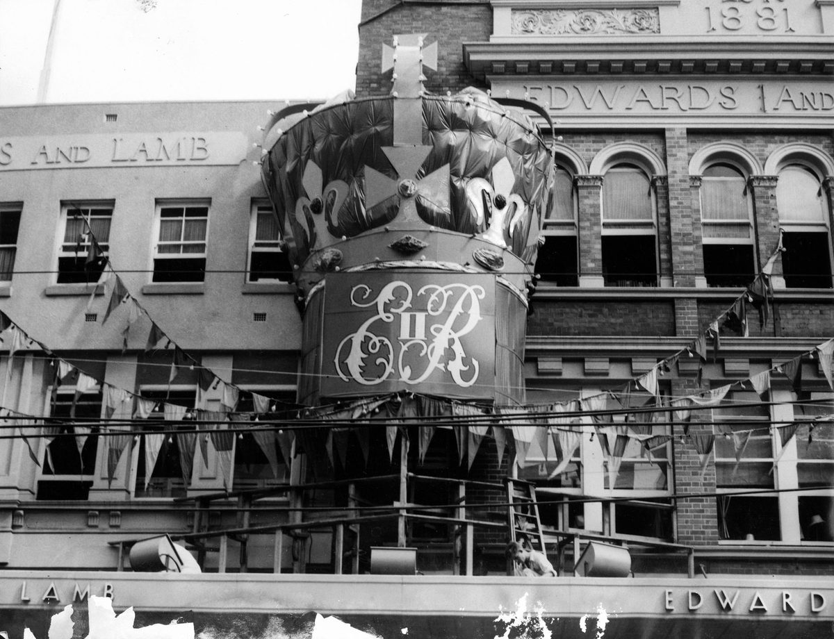 Decorations on Edwards and Lamb's building in Queen Street, Brisbane, 1954
