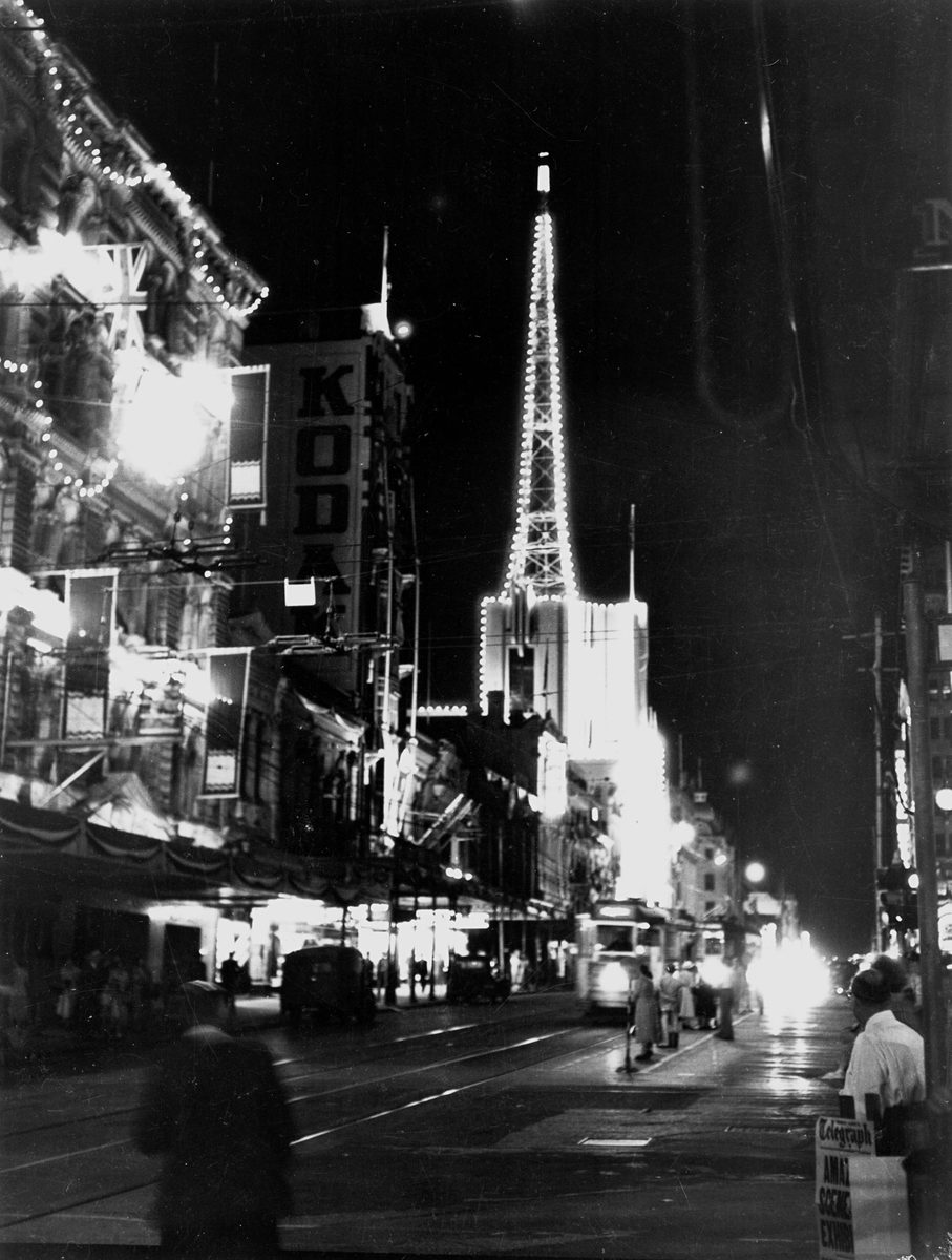 Illuminations in Queen Street, Brisbane, ready for the royal visit in 1954