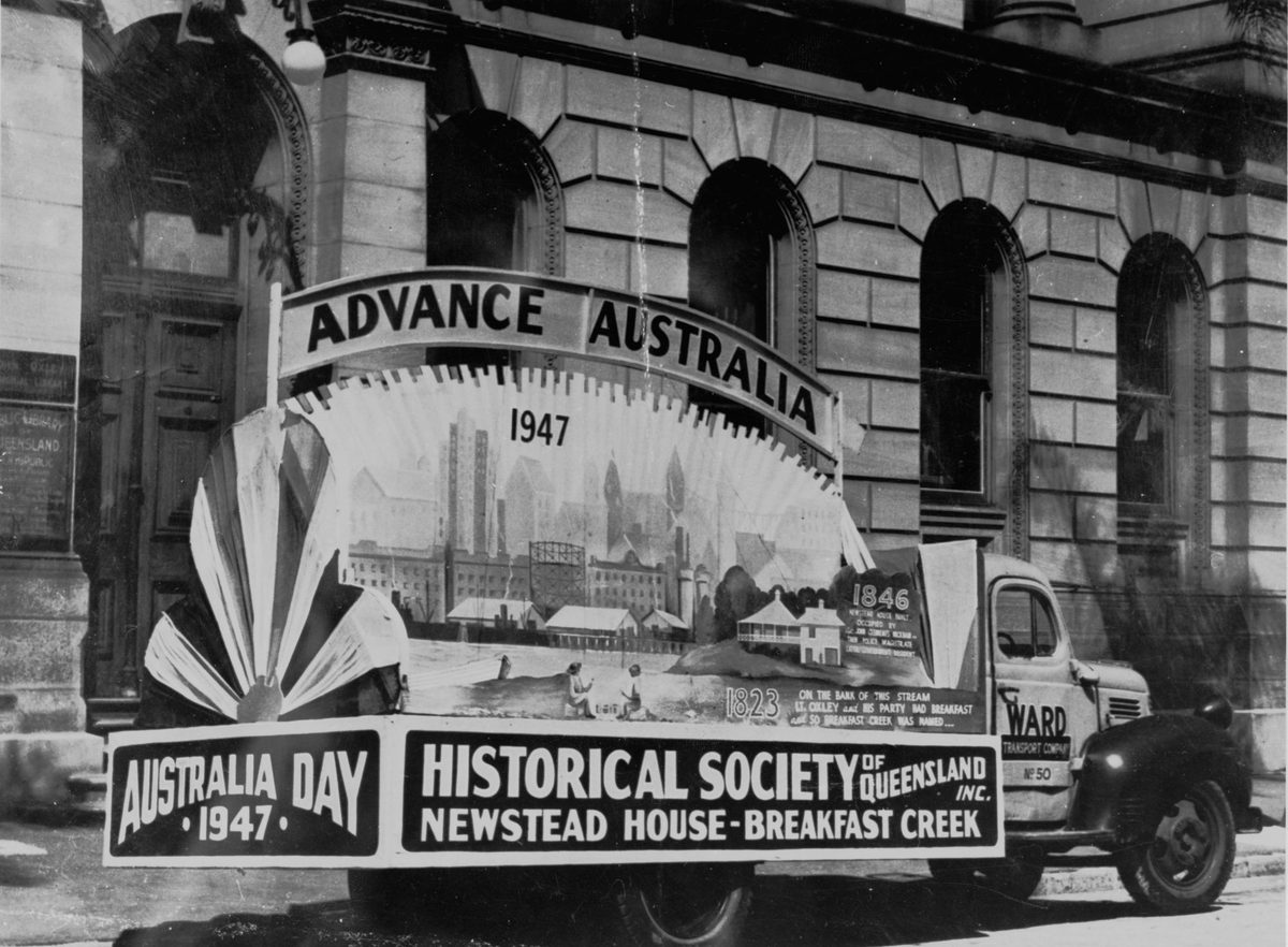 Float for Australia Day 1947 outside the State Library of Queensland, William Street, Brisbane