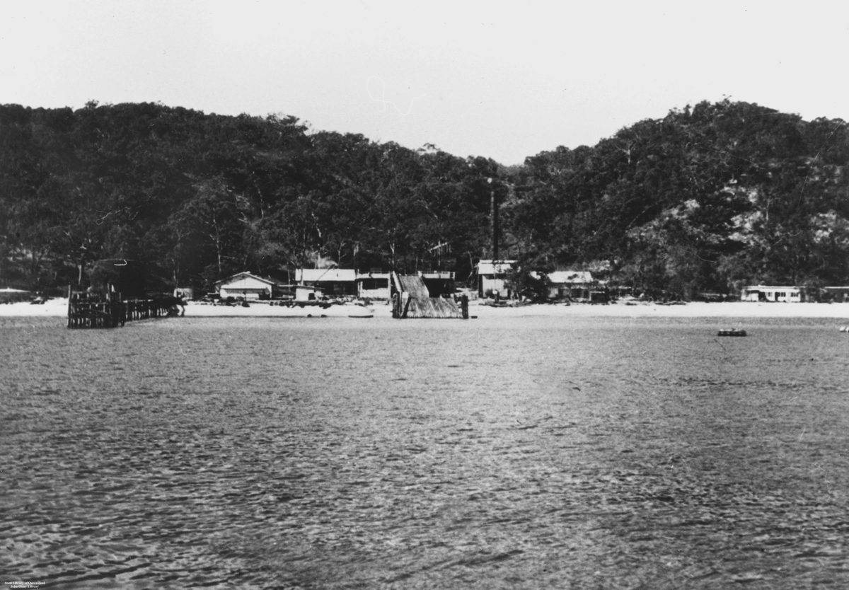 Looking towards the whaling station at Tangalooma from the water, 1952