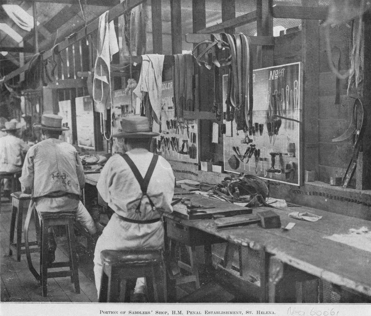 Prisoners in the saddlers' shop on St Helena Island, 1911