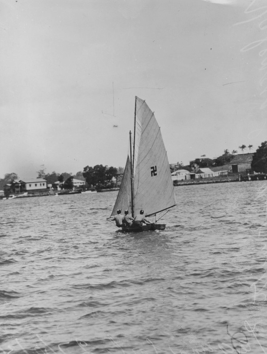 Twelve-footer sail boat Valencia near Pinkenba Reach, 1934