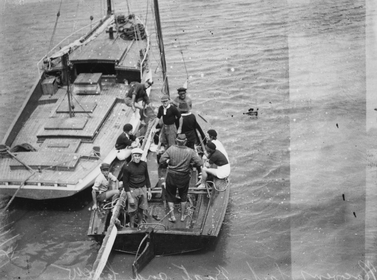 Crew on board the sailing boat Recovery, 1936
