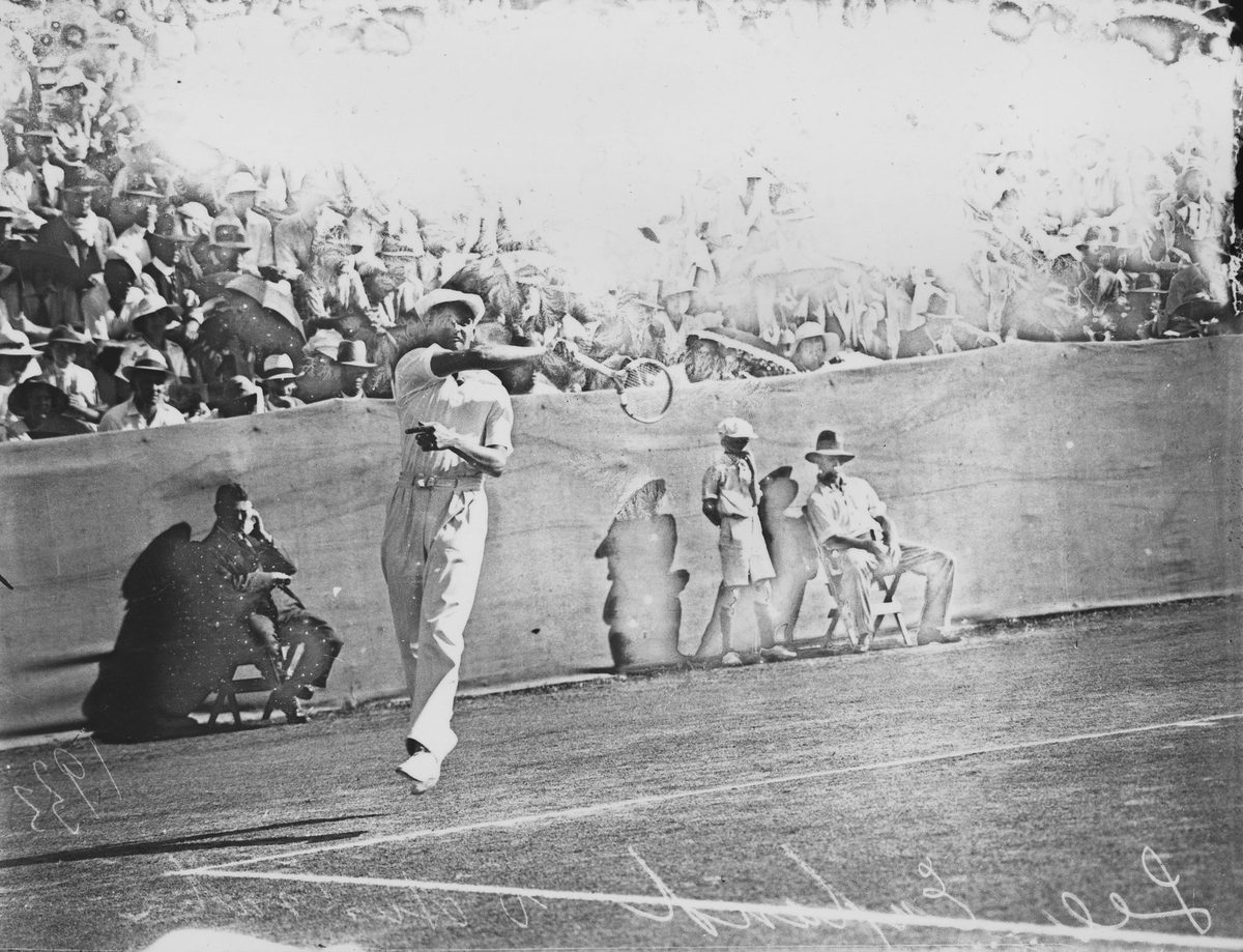 Tennis player hitting a forehand during a match in Brisbane, 1933