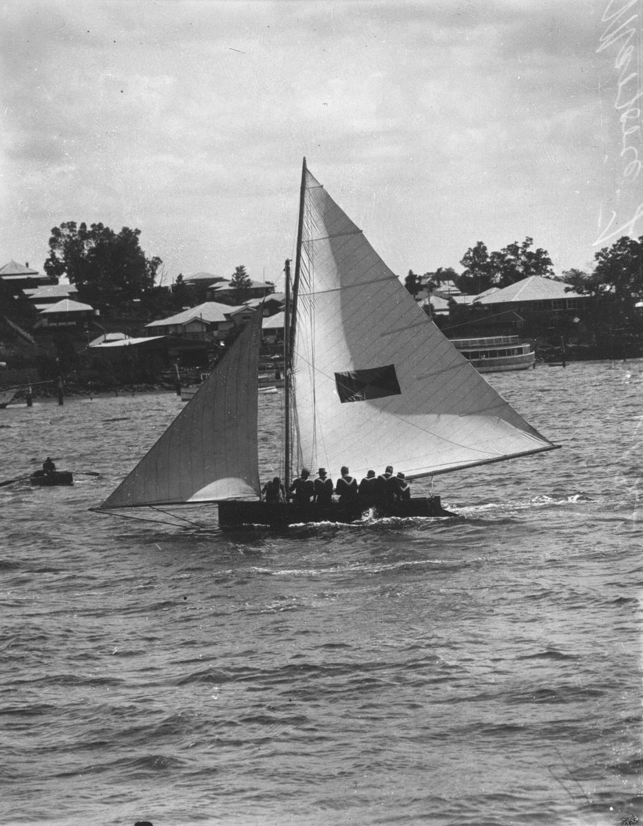 Marjorie, eighteen footer, sailing on the Brisbane River, 1934