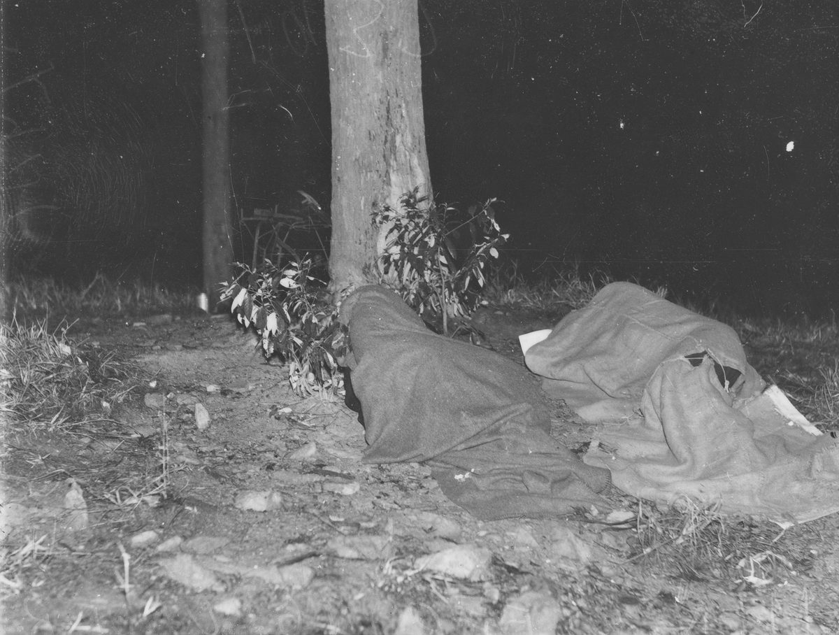 Men sleeping under trees, Brisbane, July 1937