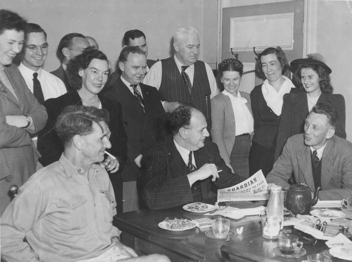 Trade Hall staff assemble with those released from jail for breaching Hanlon's Anti-picketing Laws, 1948.