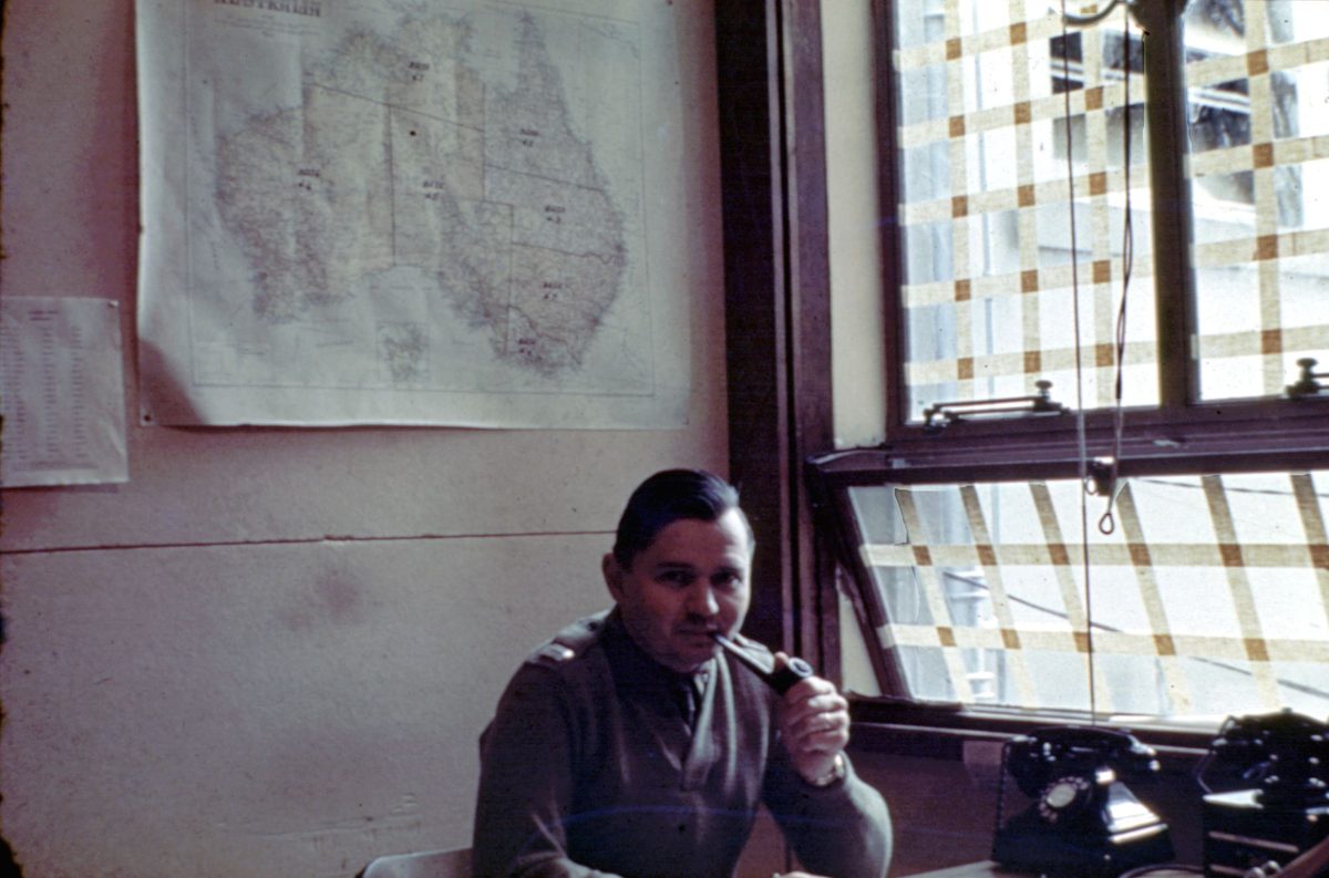 Captain Robert D. Regnier, comcentre officer in the AMP building, Brisbane, 1942
