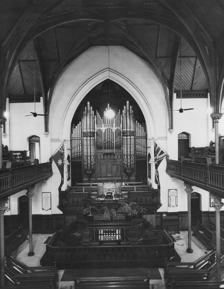View of the pulpit inside the Albert Street Methodist Church, Brisbane, 1949