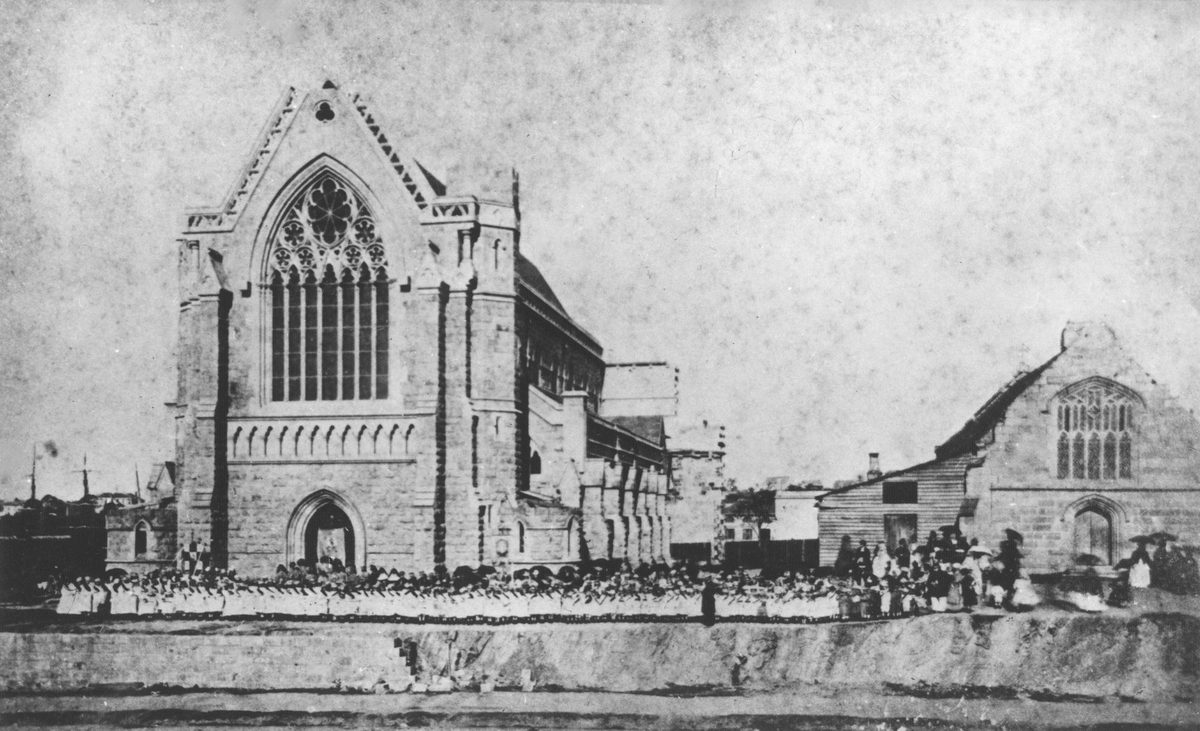 School children assembled for the Daniel O'Connell centenary celebrations outside St. Stephen's Cathedral, Brisbane, 1875