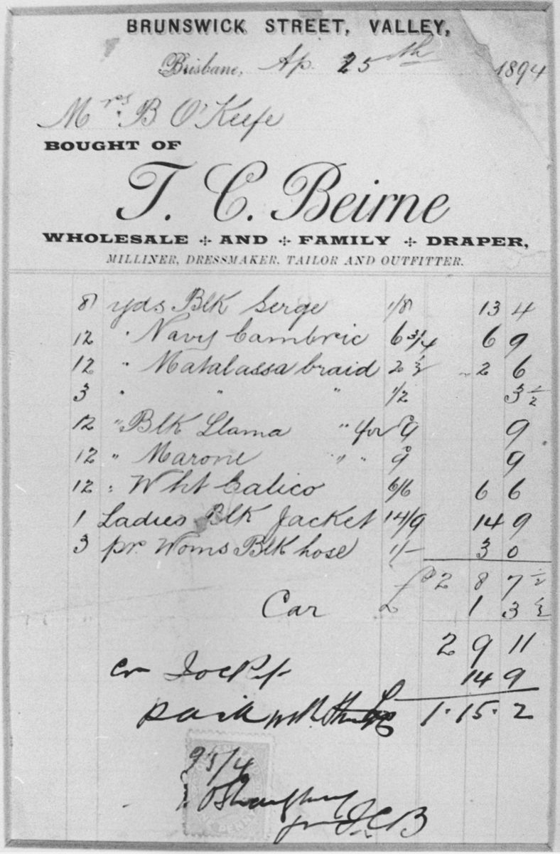 Bill of sale from the Brisbane firm T. C. Beirne, 1894