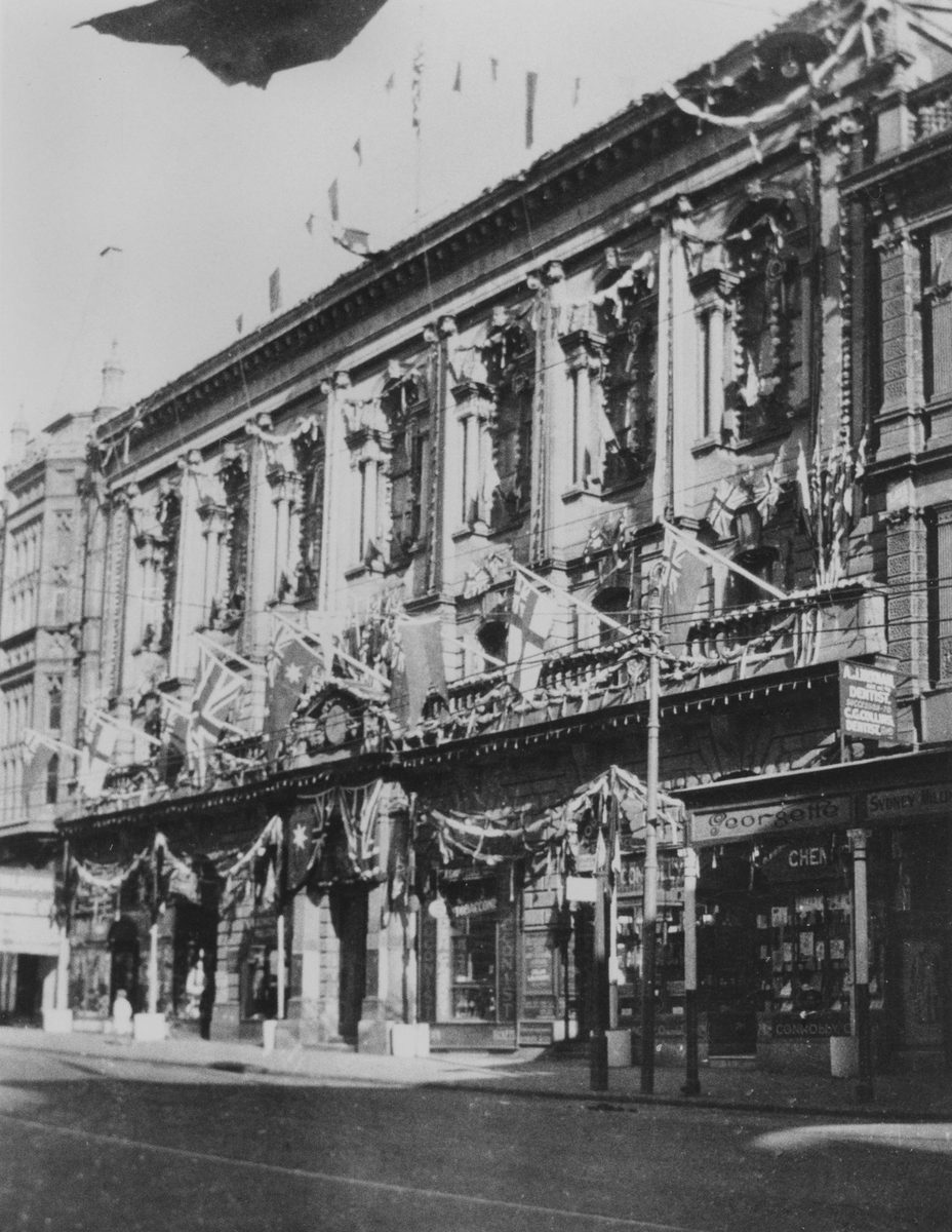 Old Town Hall decorated for the visit of the Duke and Duchess of York in Brisbane, 1927