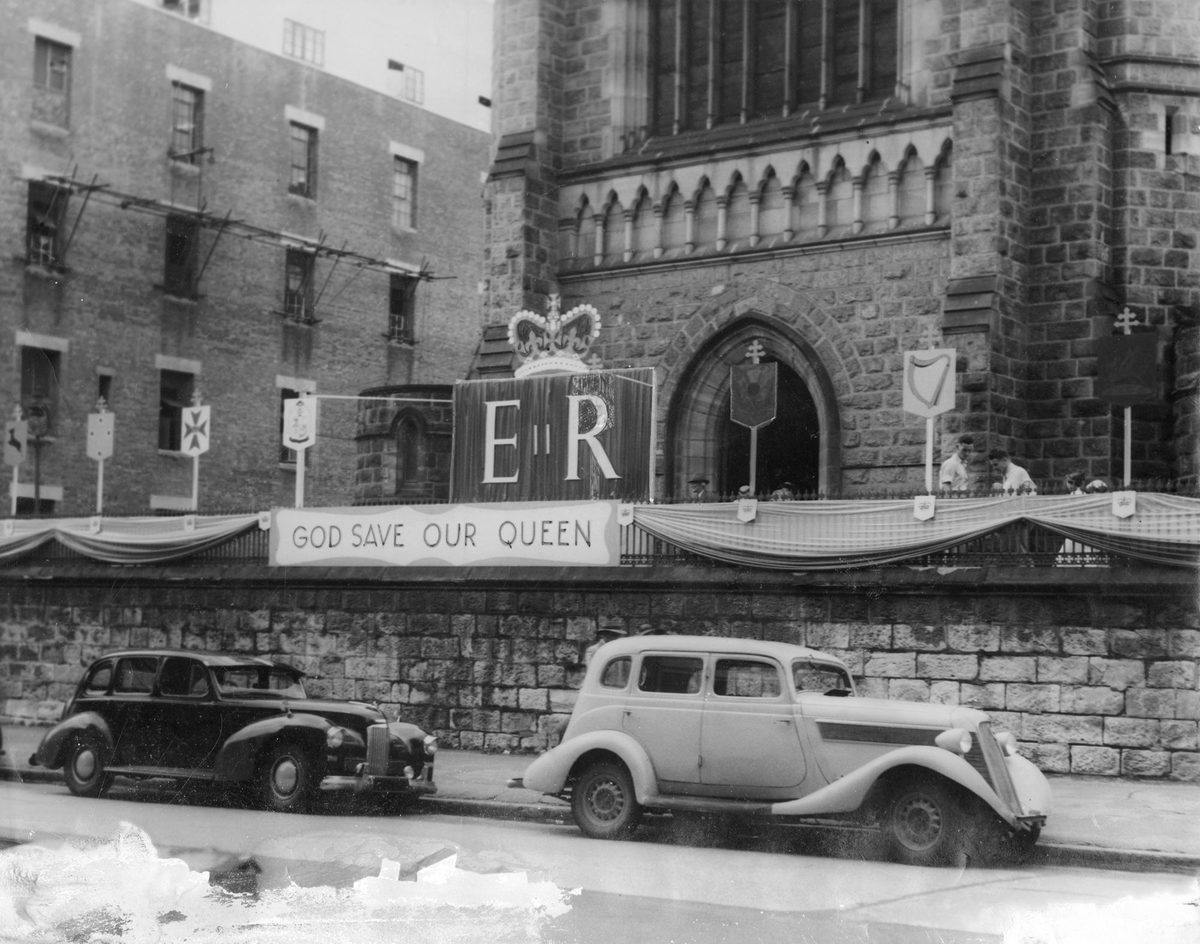 Decorating St. Stephens Cathedral for the Royal Visit, Brisbane, 1954