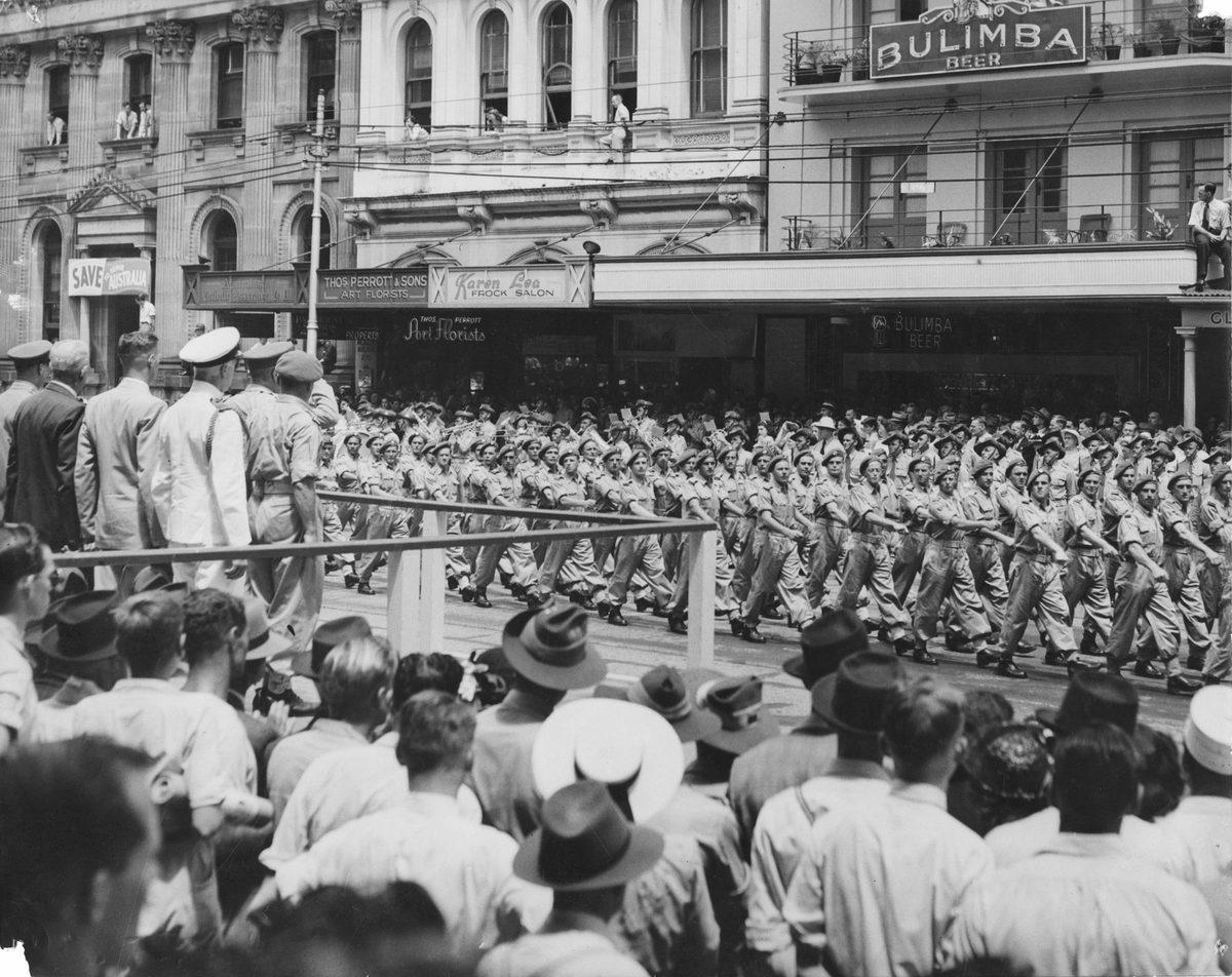 New Zealand Army troops marching in Queen Street, Brisbane, 1951