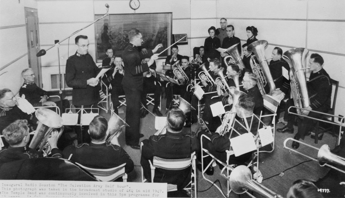 Inaugural radio session of The Salvation Army Half Hour, in the broadcast studio of 4KQ, Brisbane, 1947
