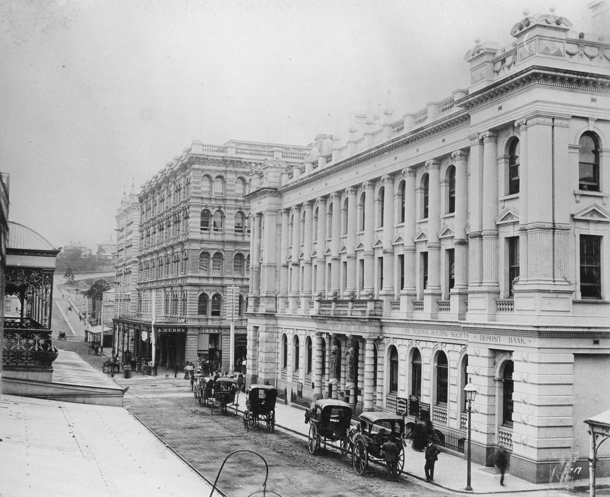 Edward Street looking west across the intersection with Queen Street, Brisbane, 1889