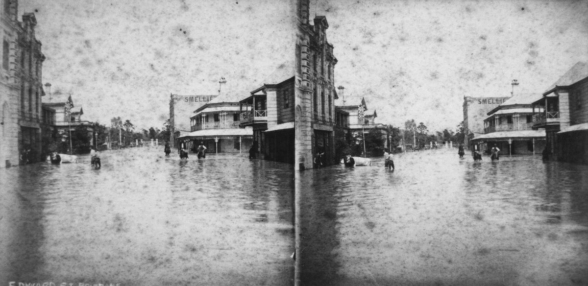 View of a flooded Edward Street, Brisbane, 1890