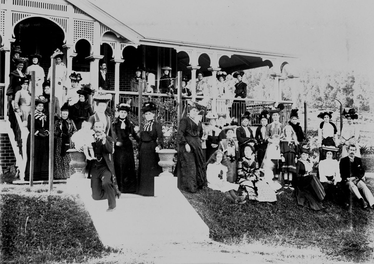 Large party of people gathered for a house warming at 'Sedgley Grange', Newmarket, Brisbane, 1900
