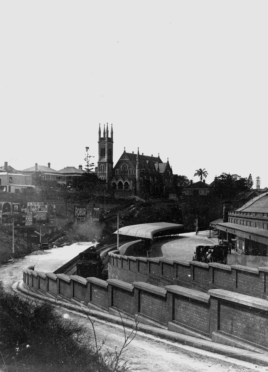 Second Wickham Terrace Presbyterian Church on the skyline behind the Central Railway Station, taken about 1912