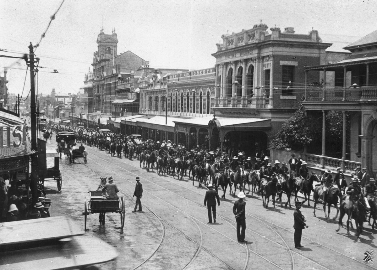 Special constables riding down Queen Street, Brisbane, during the General Strike of 1912