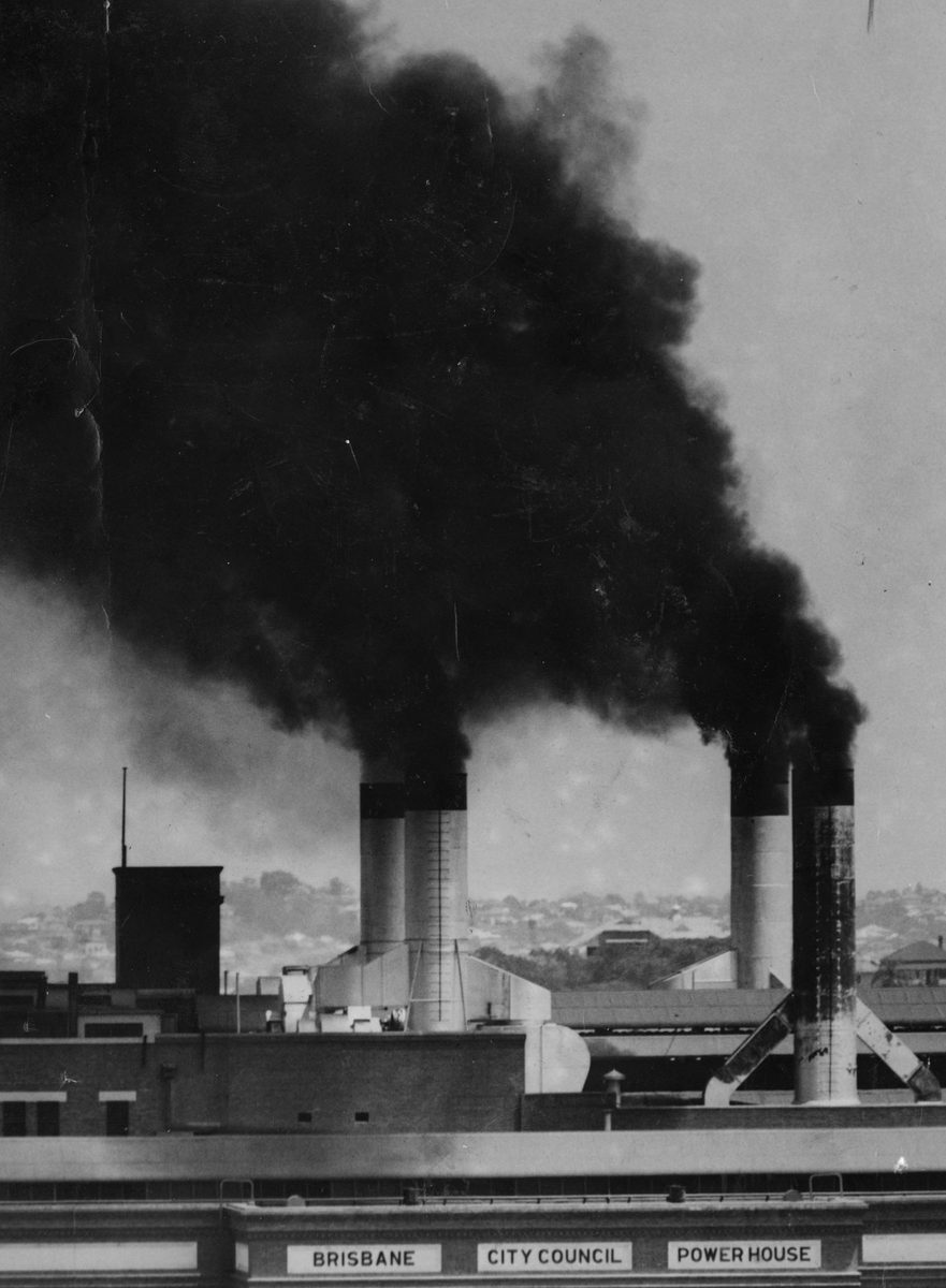 Smoke pours from the New Farm Power House, 1952