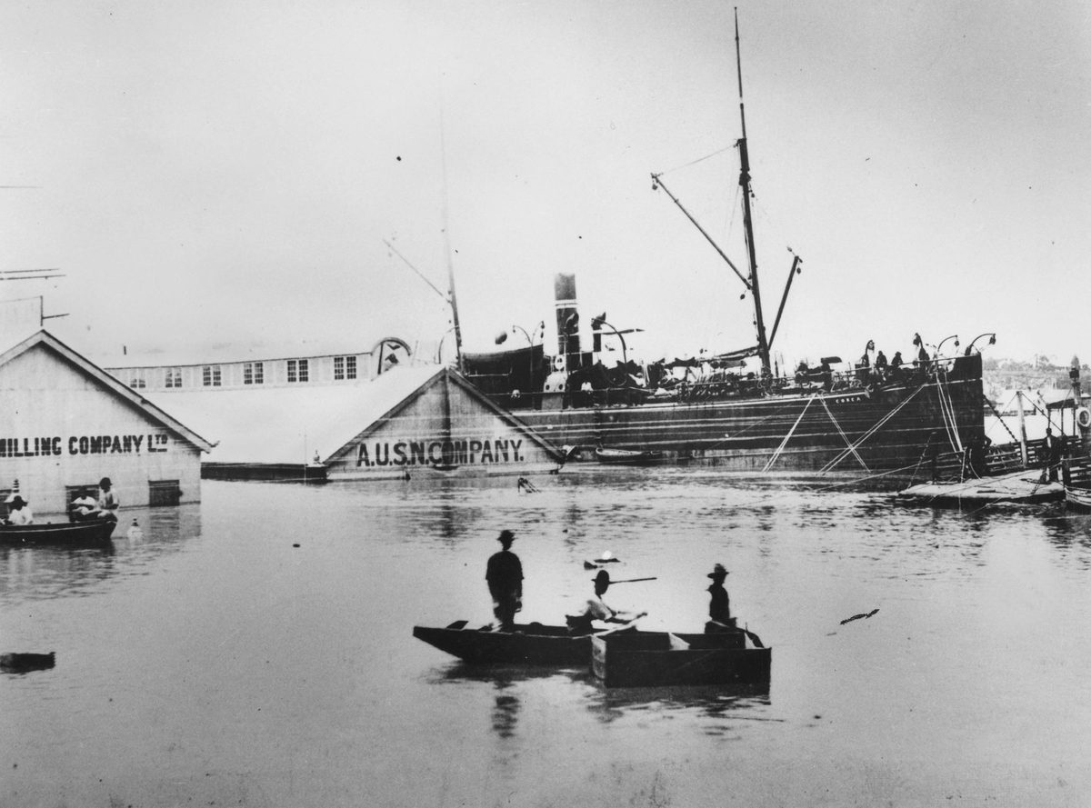 View of the ship Corea at the Eagle Street Wharves, Brisbane, during the 1893 floods