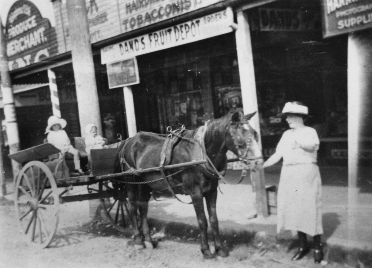 Horse and cart outside Dand's Fruit Depot shop, 1923
