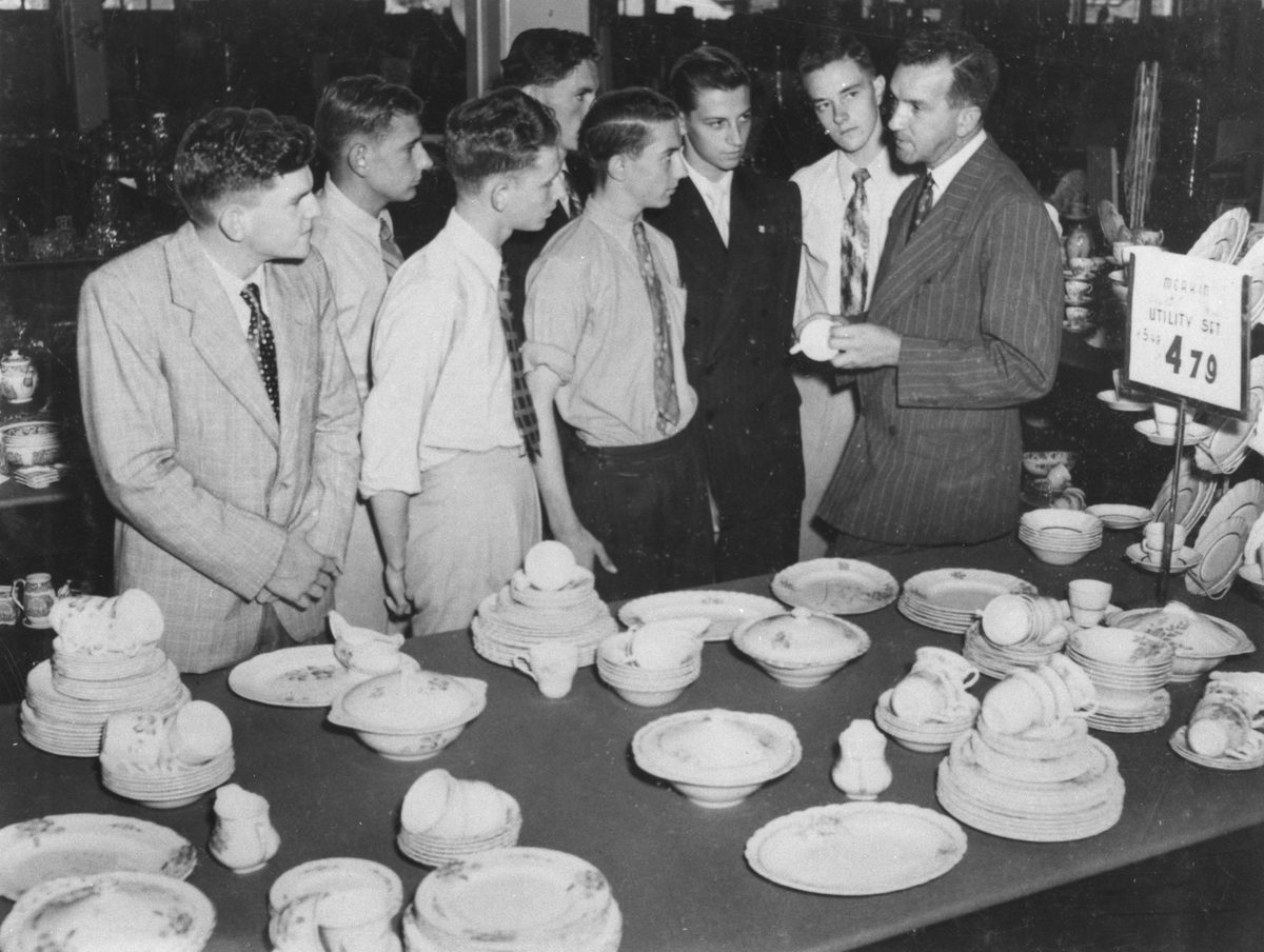 Young employees at T. C. Beirne's department store learning about the store's crockery lines, Brisbane, 1953