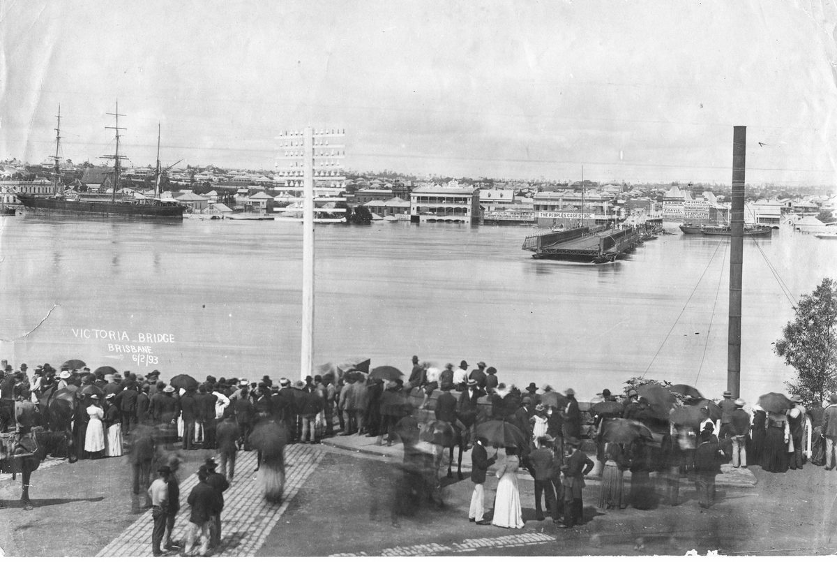 All that is left of the Victoria Bridge after floods washed a section away, Brisbane, 1893