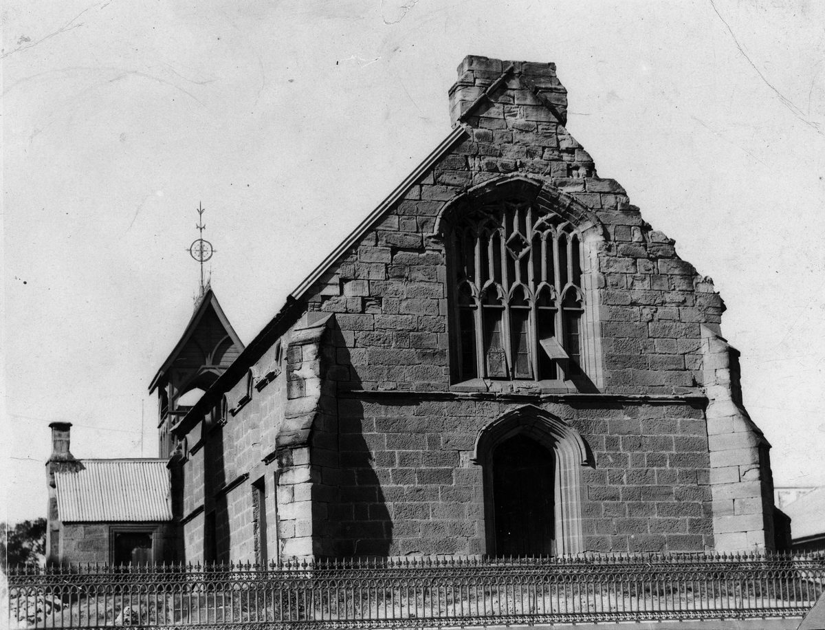 Detailed close-up image of St Stephen's Church in Elizabeth Street, Brisbane taken about 1928