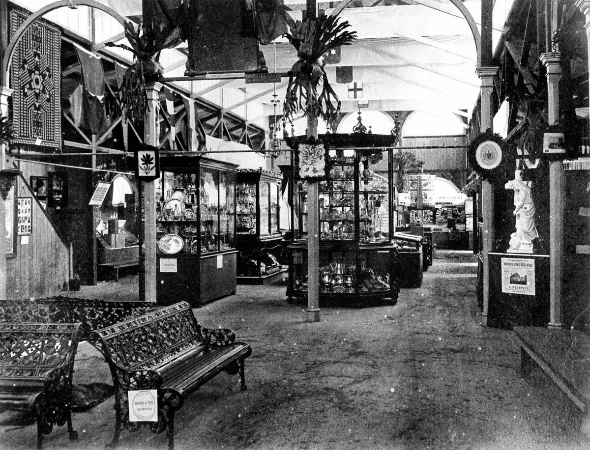 Interior of the main pavilion at the second Queensland Intercolonial Exhibition, 1877