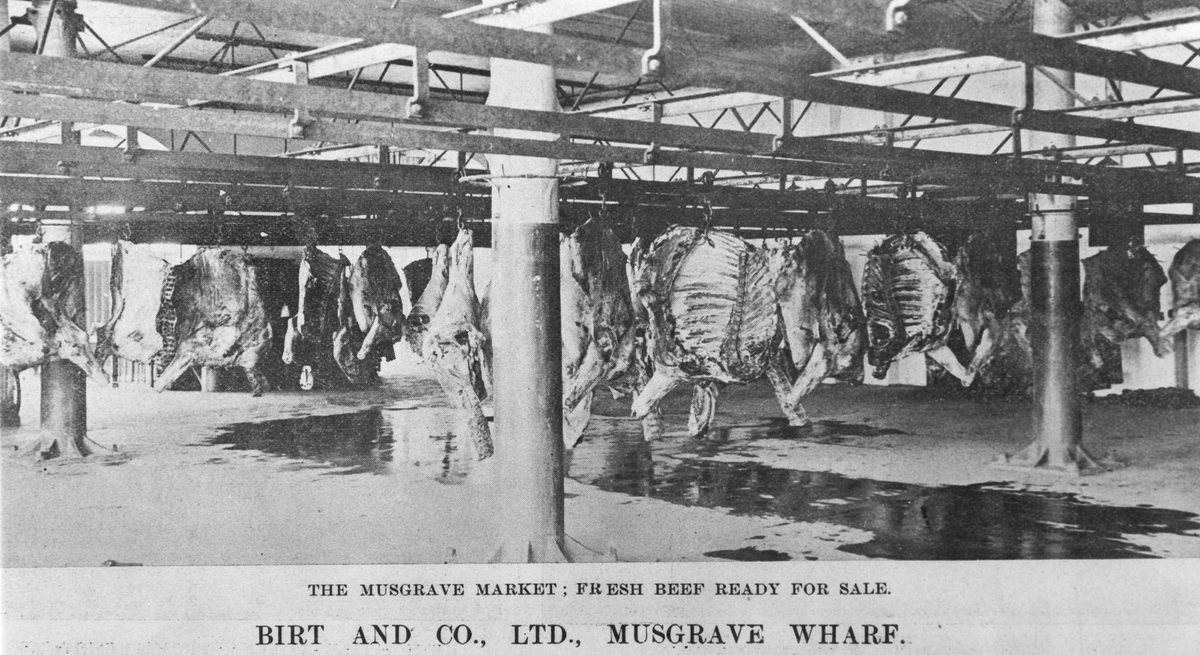 Musgrave Market with fresh meat ready for sale by Birt and Company on Musgrave Wharf, 1900