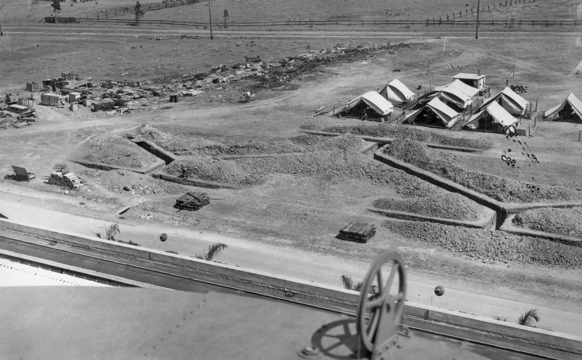 Aerial view of the air raid system at the Ford motor works Eagle Farm, Brisbane, 1942