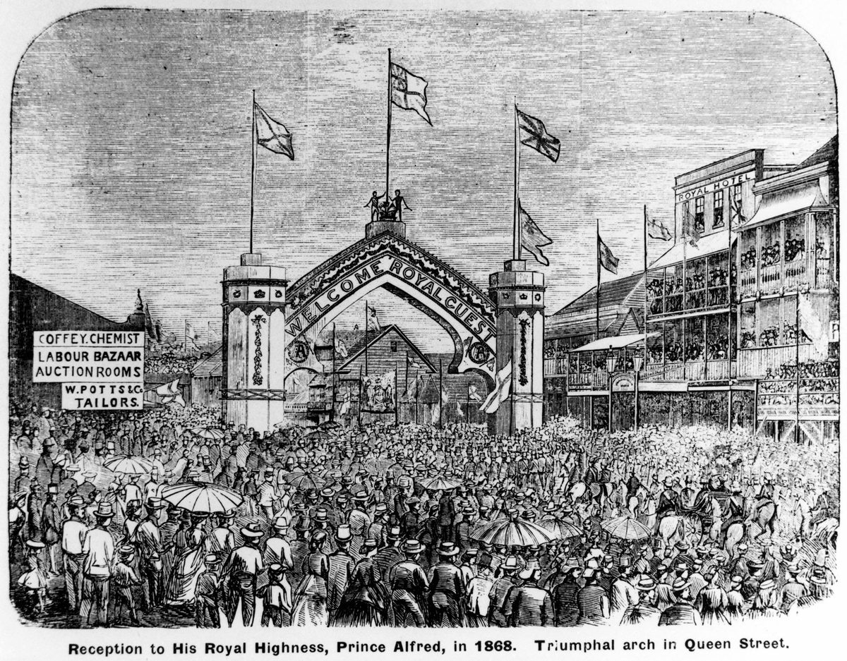 Triumphal arch in Queen Street, Brisbane, for the visit of His Royal Highness, Prince Alfred, in 1868
