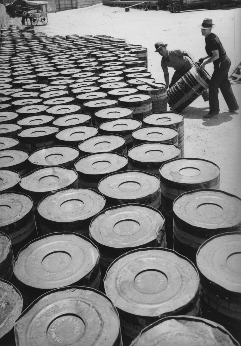 Drums of Trinidad bitumen which were brought to Brisbane on the ship Larchbank, 1938