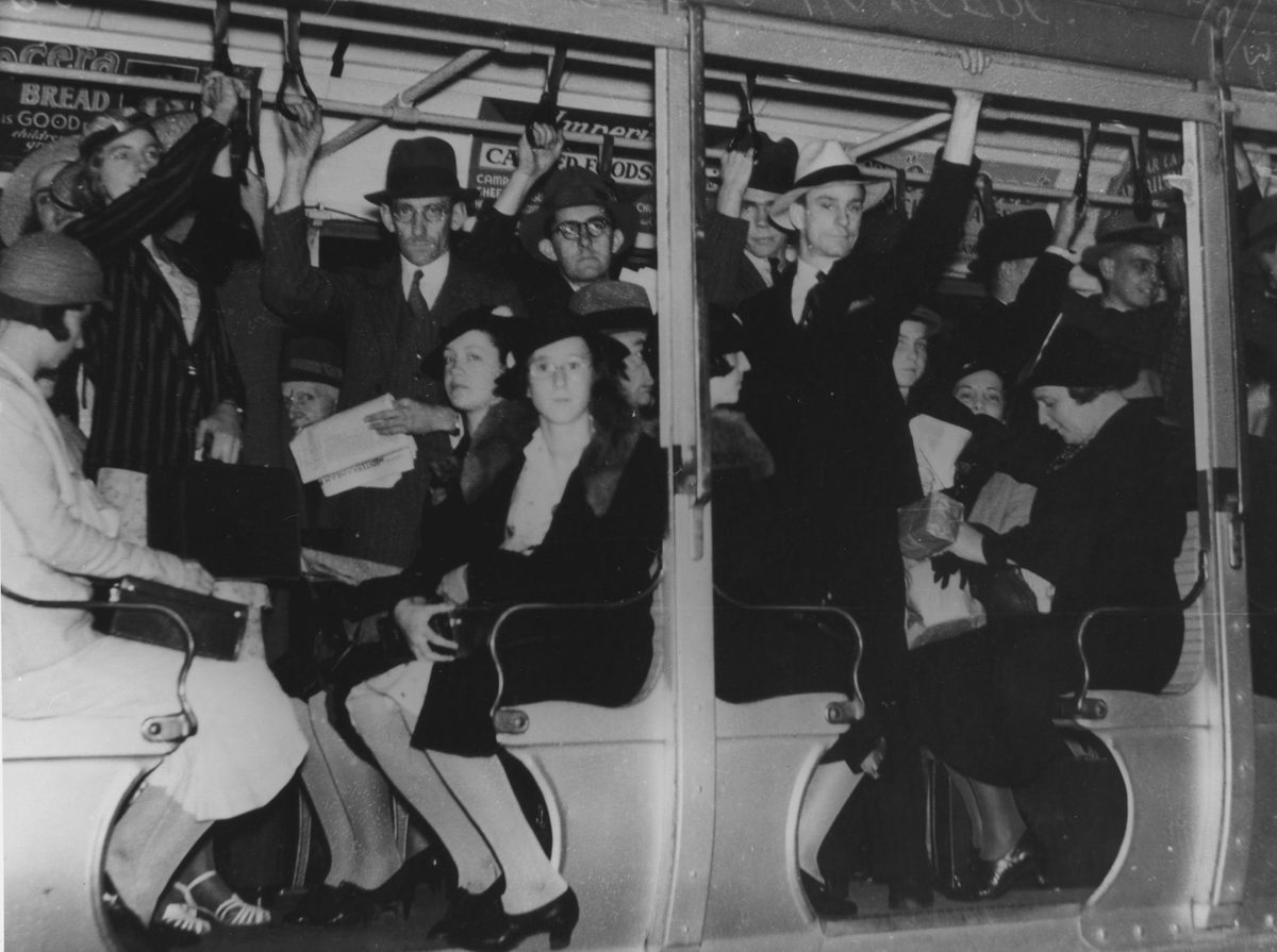 Strap hangers on a crowded Brisbane tram, 1937