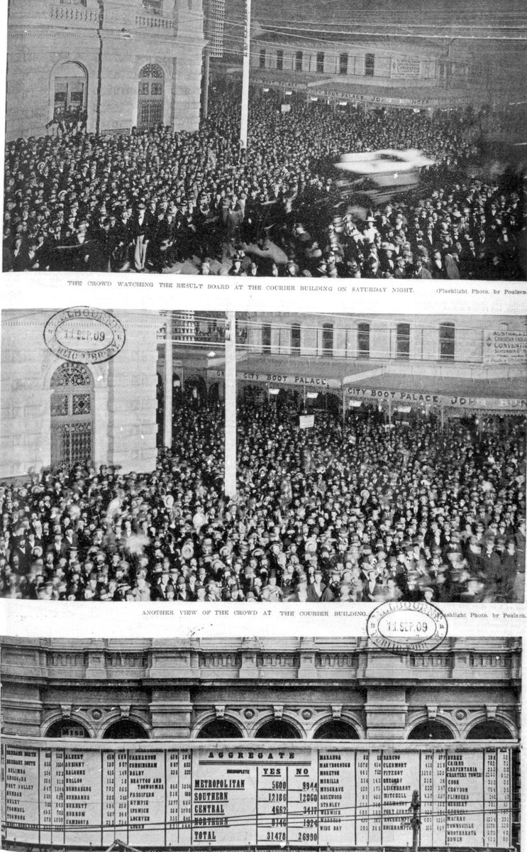 Crowds looking at the results board at the Courier Building on Referendum Night, Brisbane, Queensland, 1889