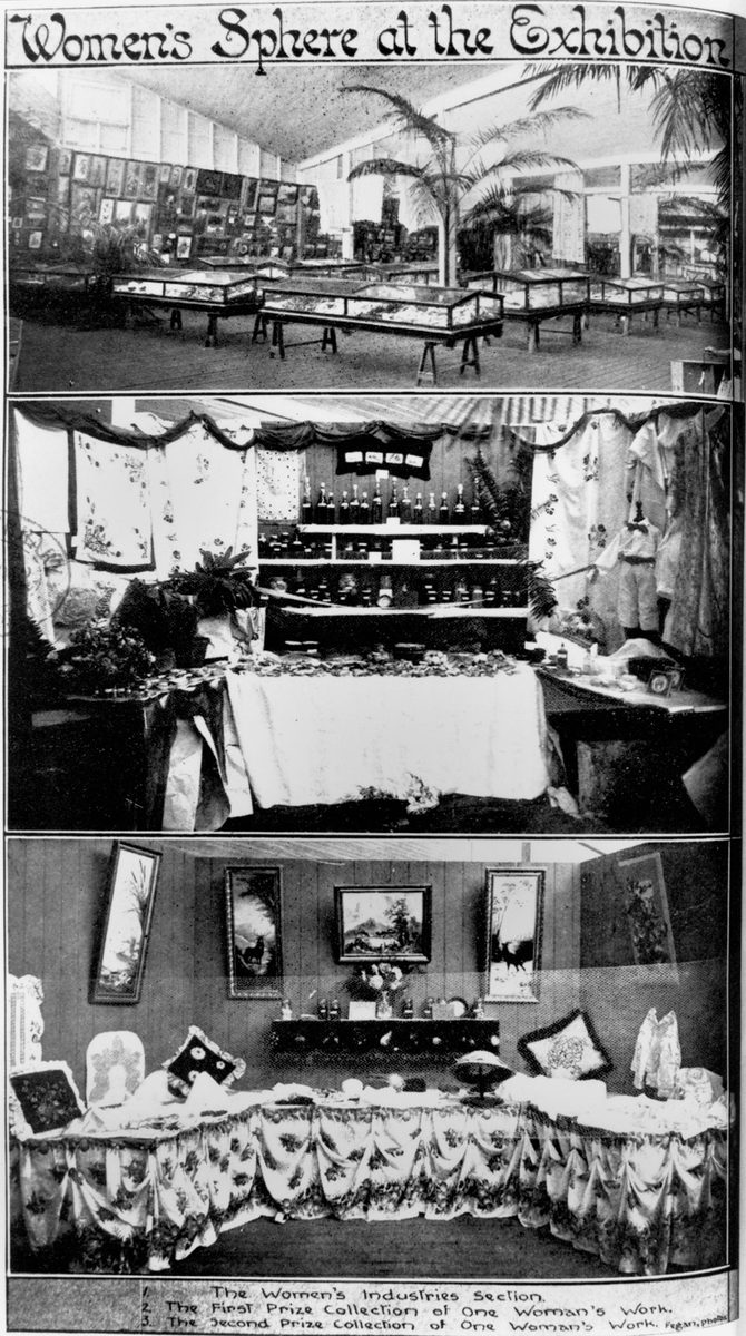Three images from the Women's Industries section at the Brisbane Exhibition, 1912