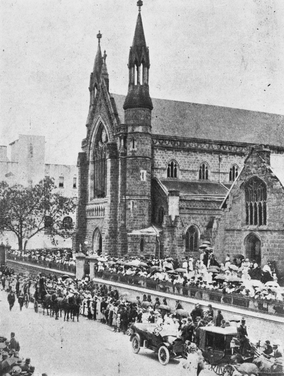 Crowd gathers outside St. Stephen's Cathedral for the funeral of Archbishop Robert Dunne, Brisbane, 1917