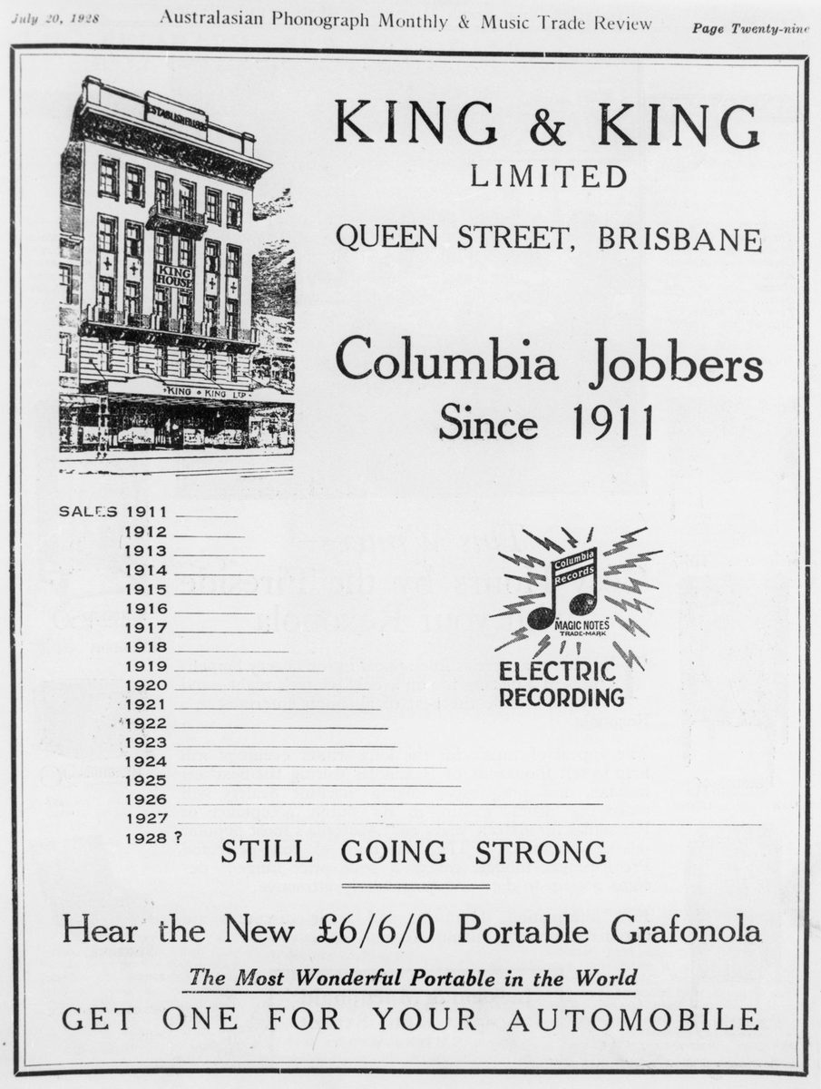 Advetisement for King & King Ltd. music shop in Queen Street, Brisbane