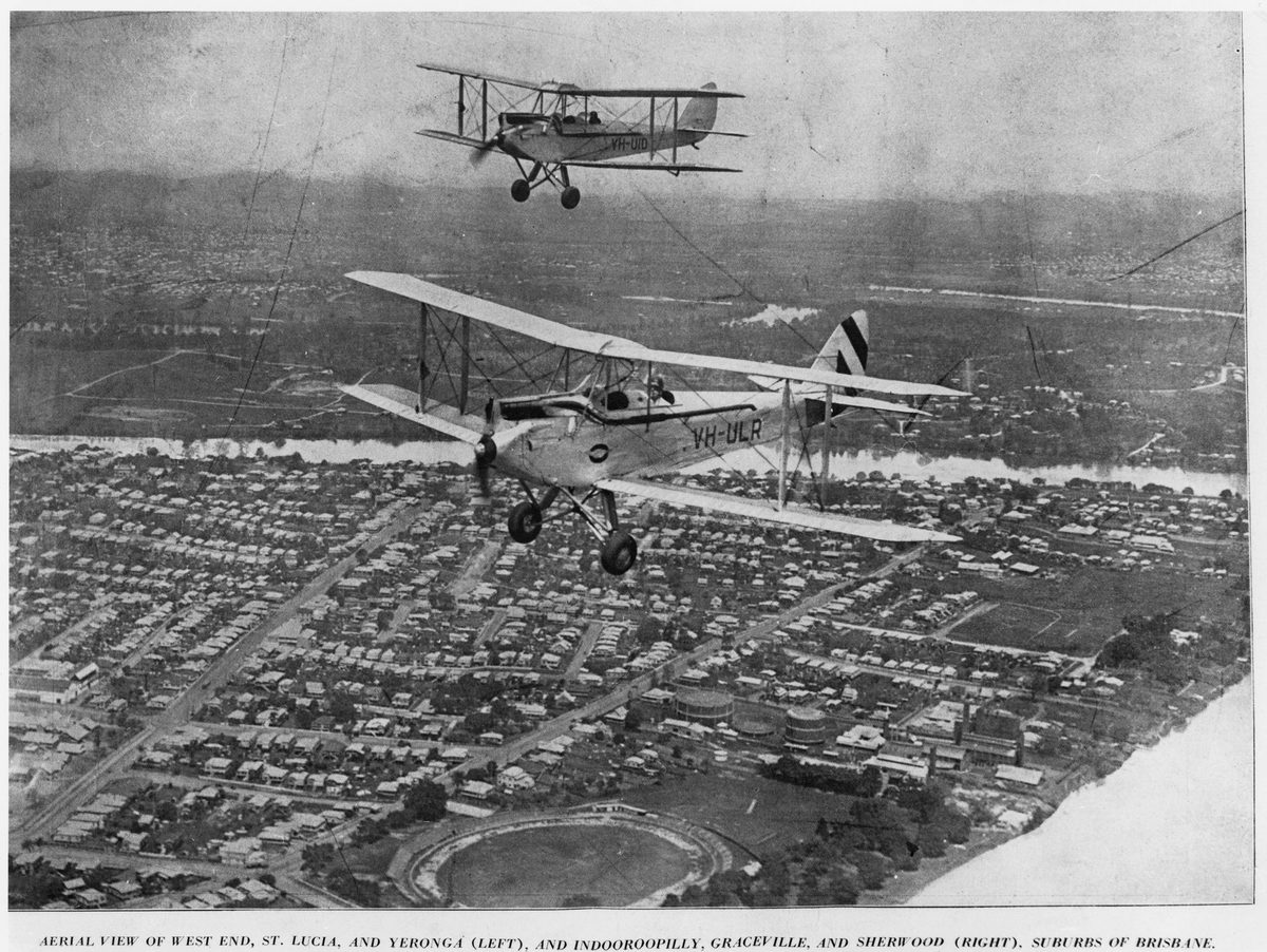Aerial view of suburbs of Brisbane including West End, St. Lucia , Yeronga, Indooroopilly, Graceville and Sherwood, 1933