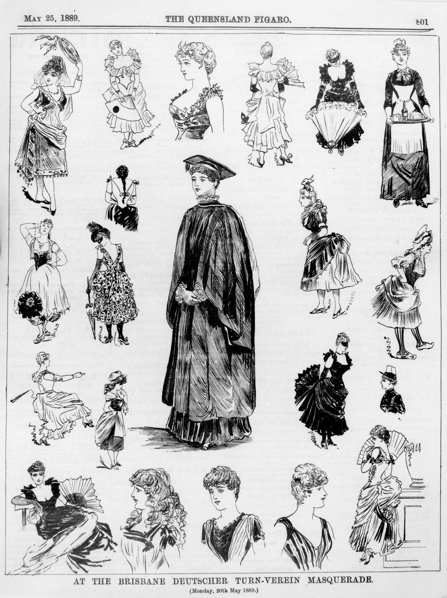 Illustrations of costumes from the Brisbane Deutscher Turn-Verein masquerade, Brisbane, 1899