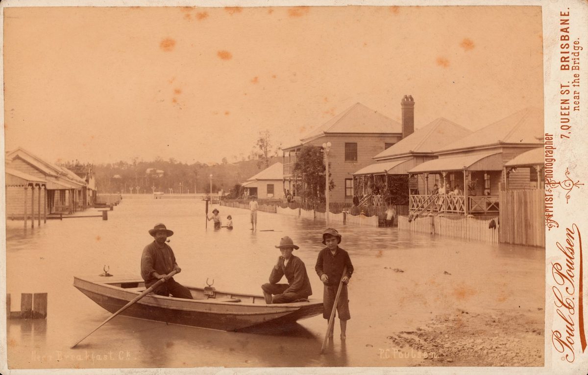 View of flooded street at Breakfast Creek, Brisbane, 1890