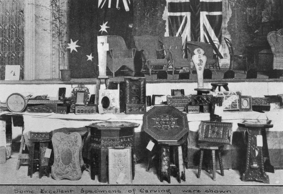 Exhibition of intricately carved furniture and smaller objects, Brisbane, 1919