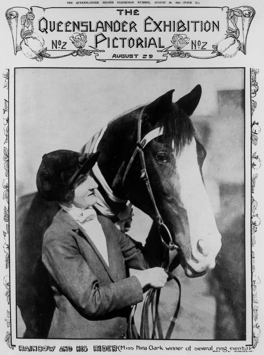 Horse, Rainbow, and his rider Miss Nina Clark, winner of several ring events at the Brisbane Exhibition, August 1925