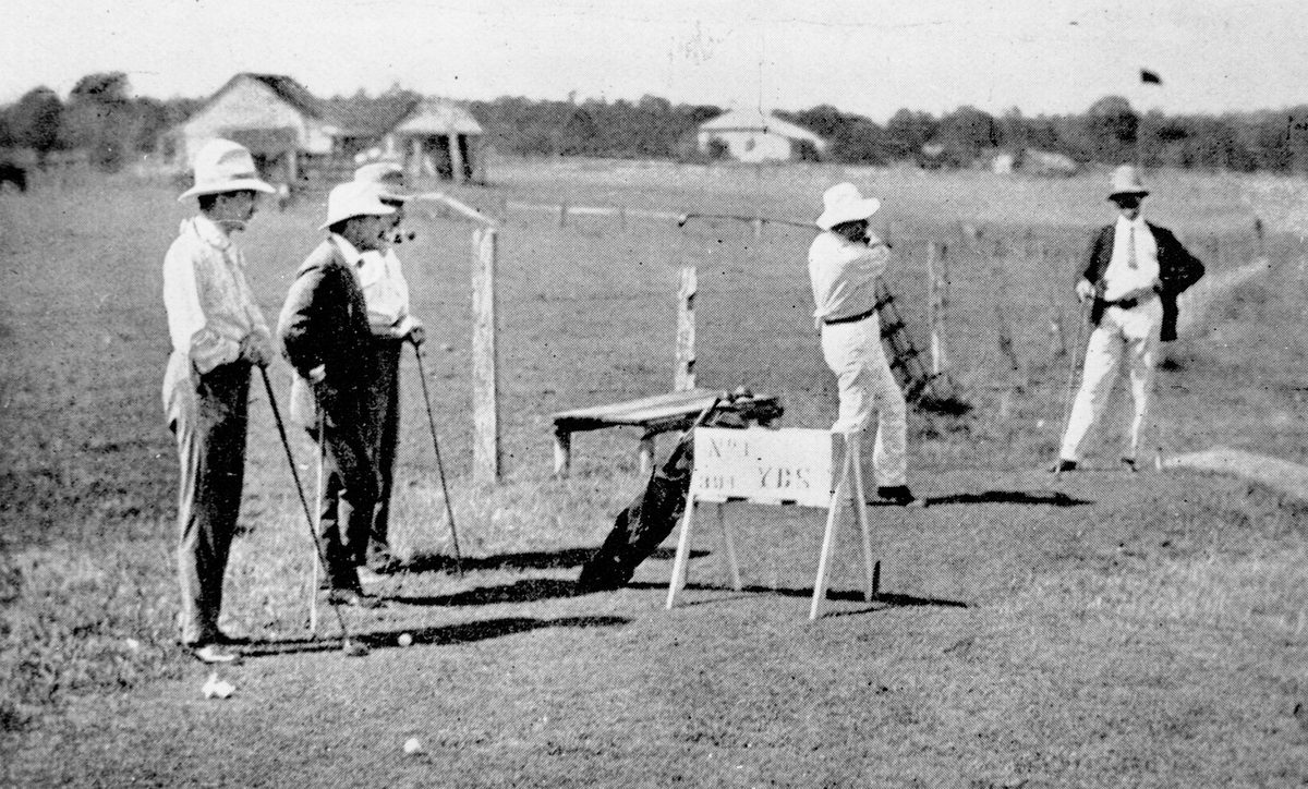Golfers tee off at the Brisbane Golf Club Championship Tournament at Yeerongpilly Links, Brisbane, 1910