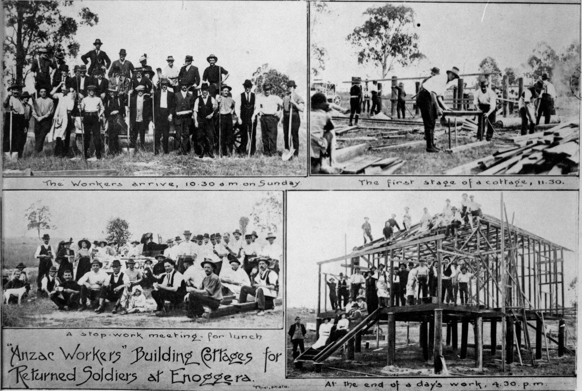 Anzac workers building cottages for returned soldiers at Enoggera, 1917