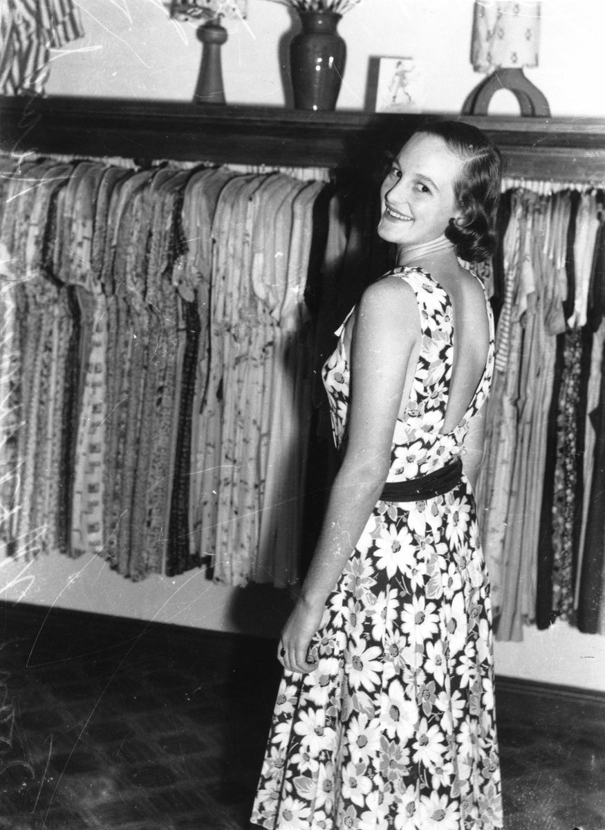 Joan Monument modelling a floral sundress, 1938